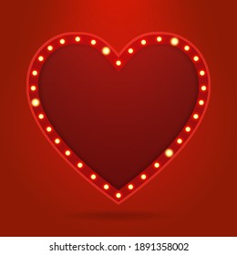 Retro light bulb or light vintage signboard heart shape on red background. Happy valentines day. Vector illustration