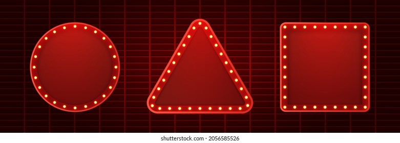 Retro light bulb or light vintage signboard on red wall background. Vector illustration