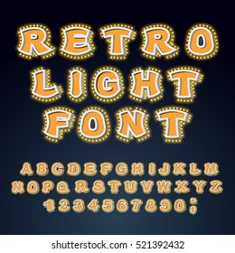 Retro Light font. Glowing letters. Alphabet with lamps. ABC pointer with glow bulb. Vintage Glittering lights lettering
