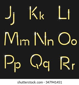 Retro light font from J to R, golden letters with lamps and shadows, vector