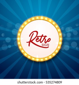 Retro light frame illustration. Neon signboard vintage background. Vector retro sign with glowing bulb template..