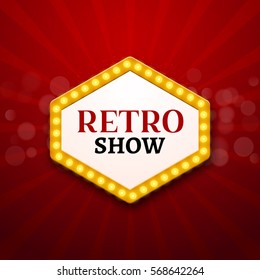 Retro light frame illustration. Neon signboard vintage background. Vector retro sign with glowing bulb template