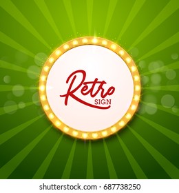 Retro light frame illustration. Neon signboard vintage background. Vector retro sign with glowing bulb template.