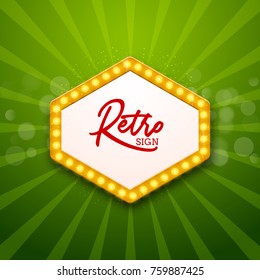 Retro light frame illustration. Neon signboard vintage background. Vector retro sign with glowing bulb template..