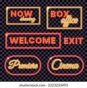 Retro light frame transparent set of realistic sparkling signboards for cinema and theatre isolated vector illustration
