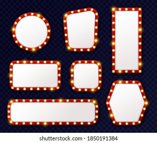 Retro light frames. 3d realistic luminous vintage frames with glowing light bulbs perimeter around, cinema, theatre and casino elements, mirror with lamps, signboard or advertise vector isolated set