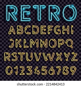 Retro light latin alphabet realistic set of neon letters and numbers on transparent background isometric vector illustration