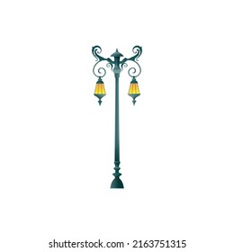 Retro light pillar lamp post on two lamps isolated vintage street light. Vector streetlamp lamppost, elegant vertical pole with illuminated lamp. Road illumination object, antique column with light