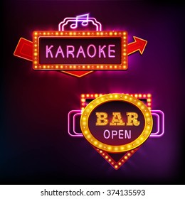 Retro light sight set with karaoke bar isolated on dark background vector illustration