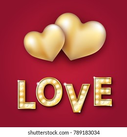 Retro light sign. Banner lights, golden hearts, the word Love on red background. Design element for Happy Valentine's Day. Ready for your design, greeting card, banner. Vector illustration