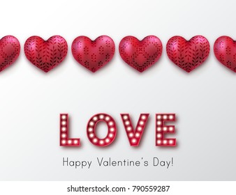 Retro light sign. Banner lights, ornate hearts, the word Love on white background. Design element for Happy Valentine's Day. Ready for your design, greeting card, banner. Vector illustration