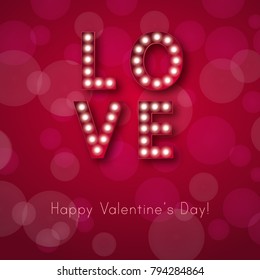 Retro light sign. Banner lights, the word Love on red background. Design element for Happy Valentine's Day. Ready for your design, greeting card, banner. Vector illustration