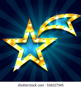 Retro light sign. Falling star. Vintage style banner. Vector illustration  