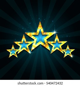 Retro light sign. Five gold stars on dark blue background with rays. Vintage style banner. Vector illustration