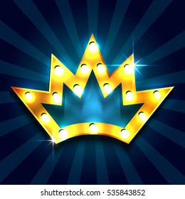 Retro light sign. Golden crown. Vintage style banner. Vector illustration  