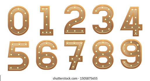 Retro light sign numbers set. Golden numerals with bulbs. Vintage vector illustration