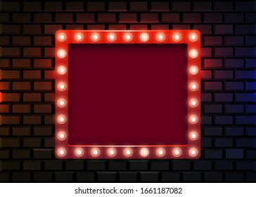Retro light sign on brick wall background. Vintage style banner.Vector illustration