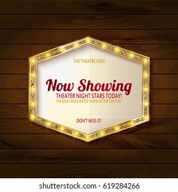 Retro light sign on wooden background. Vintage style banner. theatre poster. Vector illustration