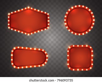 Retro Light Sign set isolated on transparent background. Vintage frames with bulbs. Roadside signs. Rhombus, circle, rectangle and square shape. Vector illustration. Eps 10.