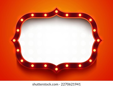 Retro light sign. Signboard with lamps border. Vintage style banner. Vector illustration.