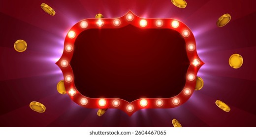 Retro light sign. Signboard with lamps border. Vintage style banner. Vector illustration.