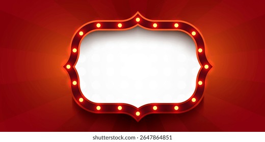 Retro light sign. Signboard with lamps border. Vintage style banner. Vector illustration.