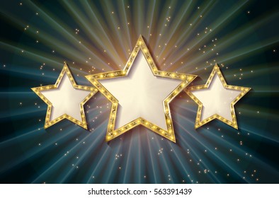 Retro light sign. Three gold stars on dark green background with rays. Vintage style banner. Vector illustration