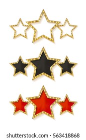 Retro light sign. Three gold stars on white background with rays. Vintage style banner. Vector illustration