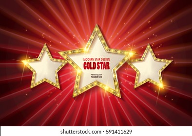 Retro light sign. Three gold stars on red background with rays. Vintage style banner. Vector illustration