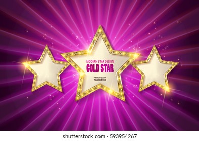 Retro light sign. Three gold stars on dark pink background with rays. Vintage style banner. Vector illustration