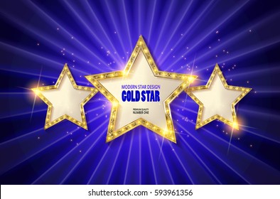 Retro light sign. Three gold stars on blue background with rays. Vintage style banner. Vector illustration