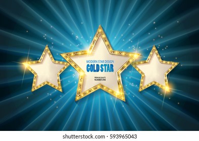 Retro light sign. Three gold stars on pink background with rays. Vintage style banner. Vector illustration