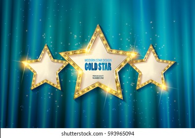 Retro light sign. Three gold stars on blue curtain background with rays. Vintage style banner. Vector illustration