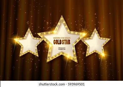 Retro light sign. Three gold stars on brown curtain background with rays. Vintage style banner. Vector illustration