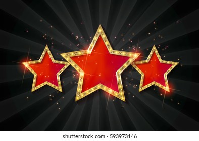 Retro light sign. Three gold red stars on dark background with rays. Vintage style banner. Vector illustration