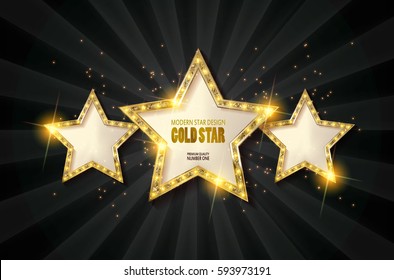 Lichtzeichen rückwärts drehen. Drei goldene Sterne auf dunklem Hintergrund mit Rochen. Banner im Vintage-Stil. Vektorillustration