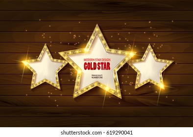 Retro light sign. Three gold stars on wooden background. Vintage style banner. Vector illustration