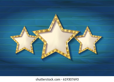 Retro light sign. Three gold stars on wooden background. Vintage style banner. Vector illustration