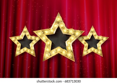Retro light sign. Three gold stars on red curtain background with rays. Vintage style banner. Vector illustration