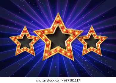 Retro light sign. Three gold stars on blue curtain background with rays. Vintage style banner. Vector illustration