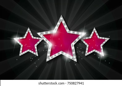 Retro light sign. Three silver stars on dark curtain background with rays. Vintage style banner. Vector illustration
