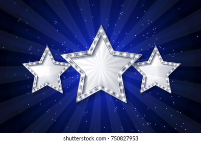 Retro light sign. Three silver stars on dark curtain background with rays. Vintage style banner. Vector illustration