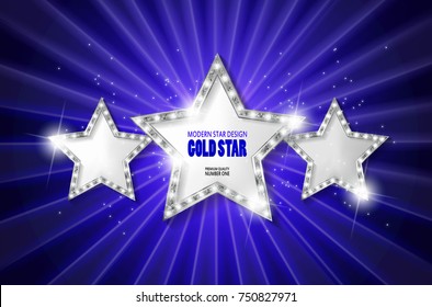 Retro light sign. Three silver stars on dark curtain background with rays. Vintage style banner. Vector illustration