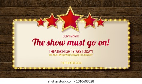 Retro light sign. Vintage style banner. Rectangular horizontal With gold stars. Vector illustration