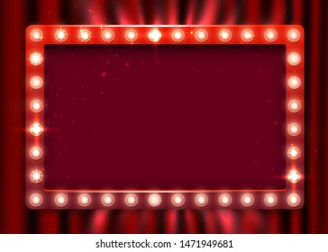 Retro light sign. Vintage style banner on curtain background. Show time concept. Vector illustration