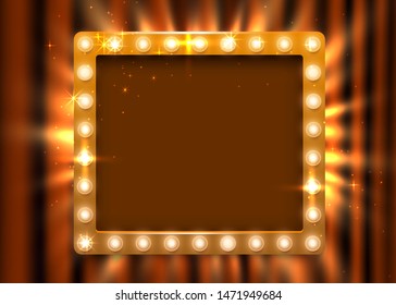 Retro light sign. Vintage style banner on curtain background. Show time concept. Vector illustration