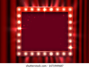 Retro light sign. Vintage style banner on curtain background. Show time concept. Vector illustration