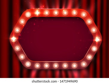 Retro light sign. Vintage style banner on curtain background. Show time concept. Vector illustration