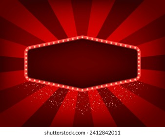 Retro light sign. Vintage style banner. Promotion and sale billboard, cinema, bar show or restaurant. Frame for winners of poker, cards, roulette, lottery and casino. Vector illustration