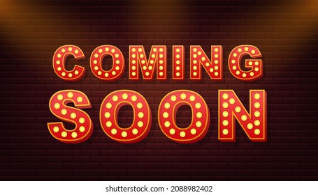 Retro light text Coming soon. Retro light bulb. Vector stock illustration.